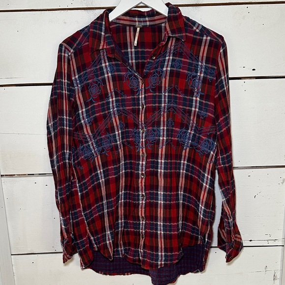 Free People Other - Free People Magical Ebroidered Button Down Red and Blue Plaid Shirt